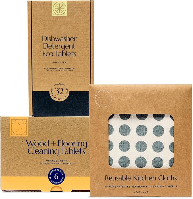 CLEANOMIC Wood and Flooring Tablets, Dishwasher Pods & Reusable Kitchen Cloth Bundle