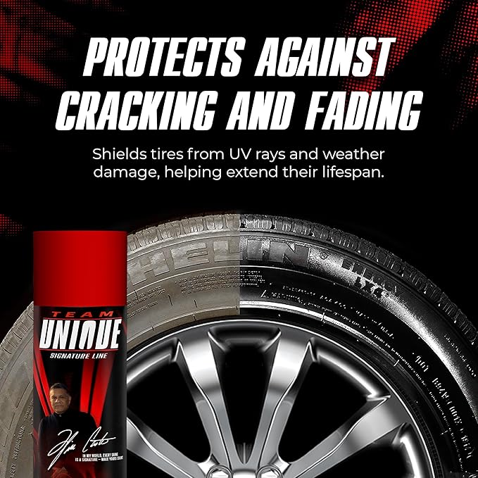 TEAM UNIQUE Tire Shine Gloss – 18.6 fl oz (Pack of 6) | High-Gloss Tire Shine Spray | UV Protection Against Cracking & Fading | Non-Greasy, Low-Sling Formula for Cars, Trucks & SUVs