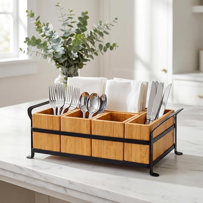 Bamboo Utensil Caddy with Handle - 5 Compartment Silverware Holder for Party & Kitchen Countertop - Removable Wooden Flatware Organizer for Picnic, BBQ, Buffet, RV & Outdoor Dining