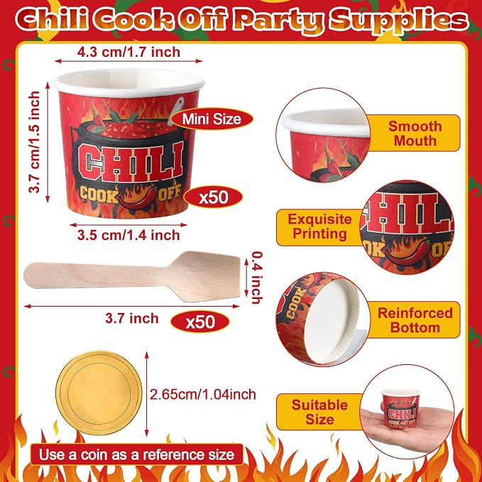 Teenyyou 100 Pcs Chili Cook off Party Decorations, 50 Pcs 2 oz mini Chili Cook off Tasting Cups Disposable Sample Paper Cups and 50 Wooden Spoons for Competition Prizes Party Cooking Supplies (Red)