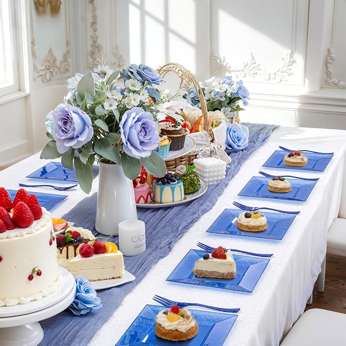 DaYammi 100Pcs Blue Dessert Plates 6" with Forks 5.7"- Small Disposable Dessert Plates- Serve 50 Guests include 50 Cake plates,50 Plastic Forks for Party,Disposable Appetizer plates for Wedding