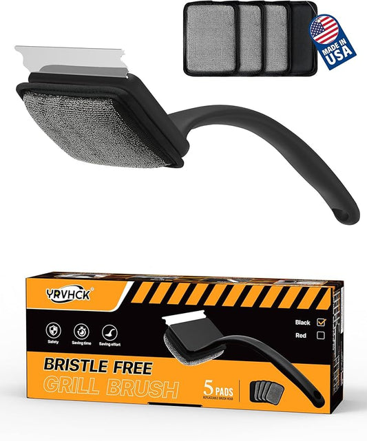 Grill Brush Bristle Free, Grill Cleaner Brush with 5 Replacement Heads, Ultra Safe Grill Brush for Outdoor Grill, Cast Iron, Stainless Steel Grates, Grill Scraper Outdoor BBQ Grill, Black