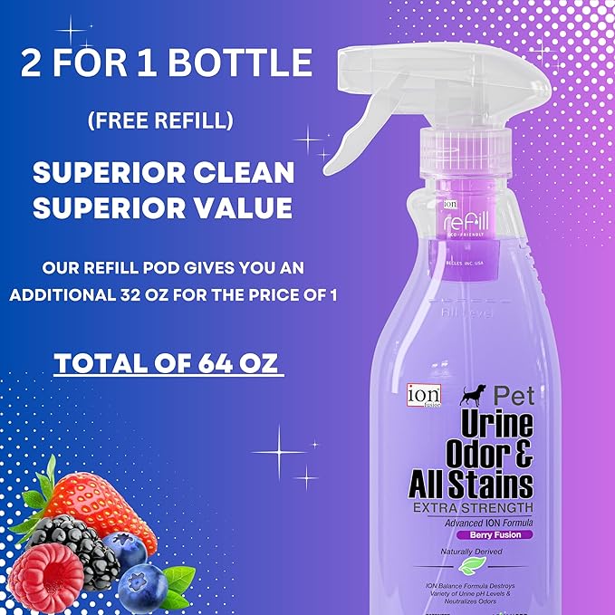 Superior Next-Gen Advanced ION Formula. 2-for-1 Bottle (Free Refill). Pet Urine, Odor & All Stains. Extra Strength, Unmatched Stain & Odor Remover. Patented | Non-Toxic | Eco-Friendly | Made in USA