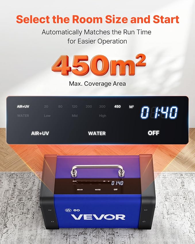 VEVOR Ozone Generator, 60000mg/h Commercial Ozone Machine, with 15s Delayed Start & Dual-Hose Water Mode & LCD Touchscreen, Industrial Deodorizer for Car, Smoke, Home Odors, Up to 4800 sq.ft