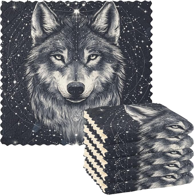 Black Wolf Totem and Constellation Kitchen Towels Dish Cloths Set of 6 Microfiber Cleaning Cloths for Cars Super Absorbent Machine
