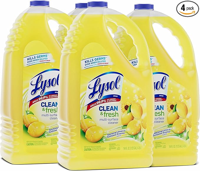 Lysol Multi-Surface Cleaner, Sanitizing and Disinfecting Pour, to Clean and Deodorize, Sparkling Lemon and Sunflower Essence, 144 Fl Oz (Pack of 4)