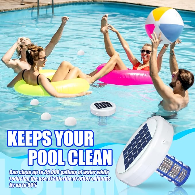 Qualirey Solar Pool Ionizer Automatic Floating Pool Cleaner, Water Ionizer with 4 Pcs Scum Collection Ball, for Above Ground and Inground Pools, up to 35, 000 Gallons(White,7.9 Inch)