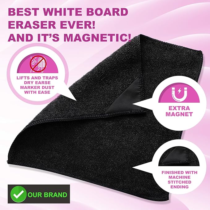 Tudomro 30 Pcs Magnetic Microfiber Cleaning Cloth Dry Erasers Bulk for Most Whiteboards Dry Erase Cloth Cleaner Reusable, Home, Office, 10'' x 10''(Black)