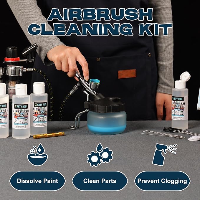 X ARTY HUB Airbrush Cleaning Kit - 8 * 4.05 fl oz / 120 ml Airbrush Cleaner with Glass Cleaning Pot, Easily Handle Water-Based and Acrylic Paints, for Airbrushes & Other Artistic Tools