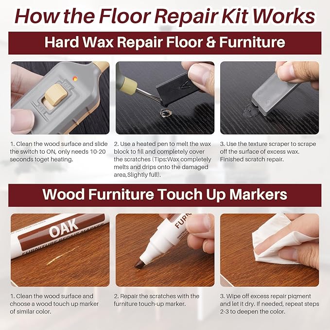 Wood Floor Repair Kit, 6 Color Hard Wax Laminate Flooring Repair Kit with Heat Pen, Vinyl Laminat Furniture Touch Up Marker Restore Scratches, Stains, Cracks, Holes for Wooded Floor,Door,Table,Cabinet