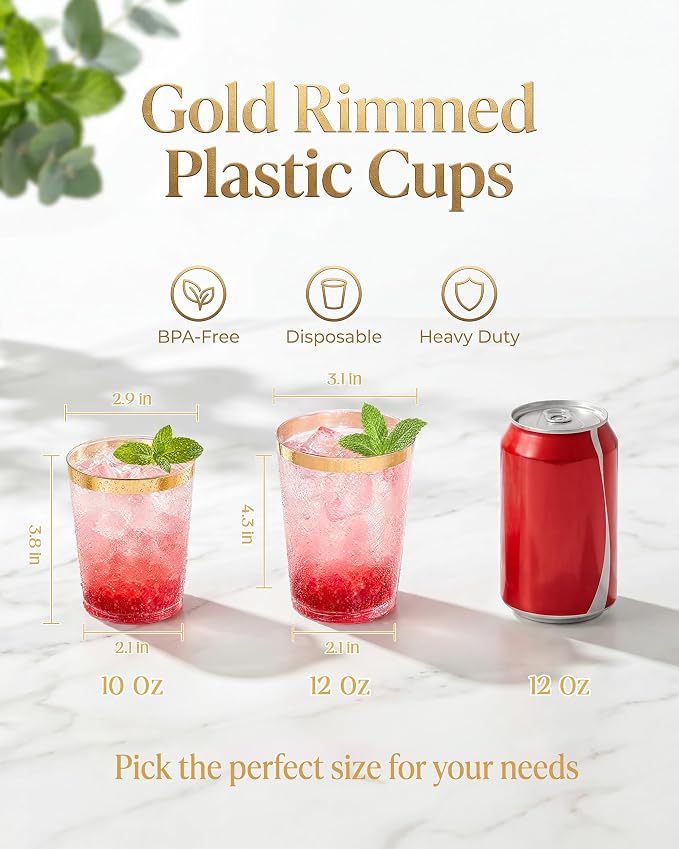 Nervure 120PCS Gold Rim Plastic Cups - 12oz Heavy Duty Plastic Cups - Fancy Clear Disposable Cup with Gold Rimmed for Wedding, Birthday, Party