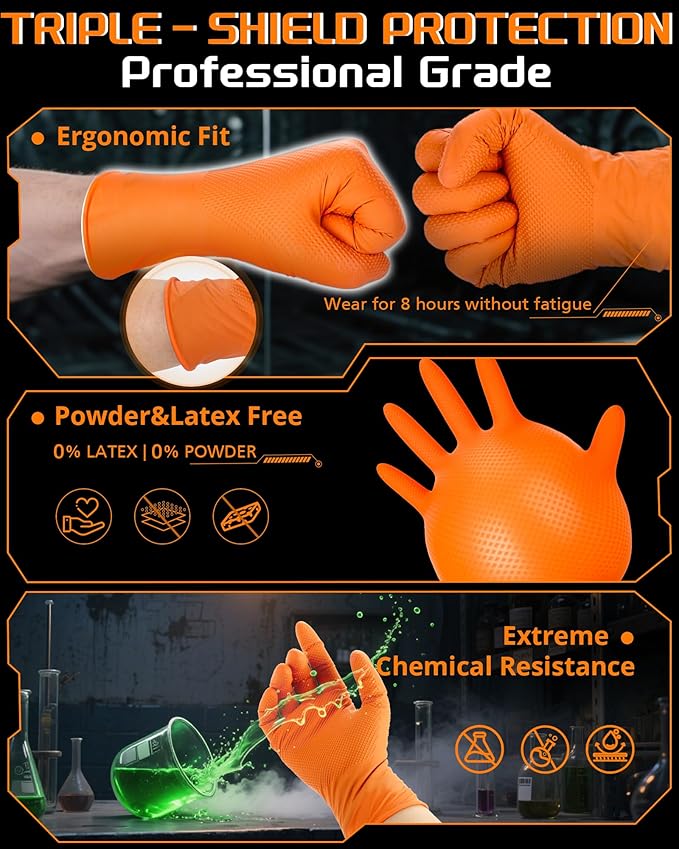 nitroshield 9mil Heavy Duty Disposable Nitrile Gloves,Orange Large 800Pcs -Chemical Resistant, Latex Powder Free Rubber Gloves Diamond Texture for Automotive, Mechanics, Cooking,BBQ, Industrial Use