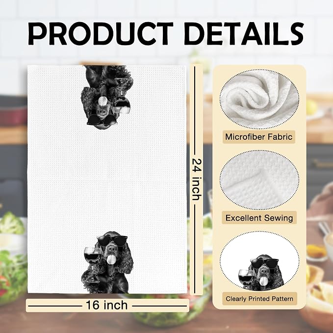 Funny Cocker Spaniel Wine Kitchen Towels, Gifts for Dog Wine Lovers, Bar Accessories Dish Tea Towels for Kitchen, Dog Owners Housewarming Gift Decorative Hand Towel 16x24 Inch
