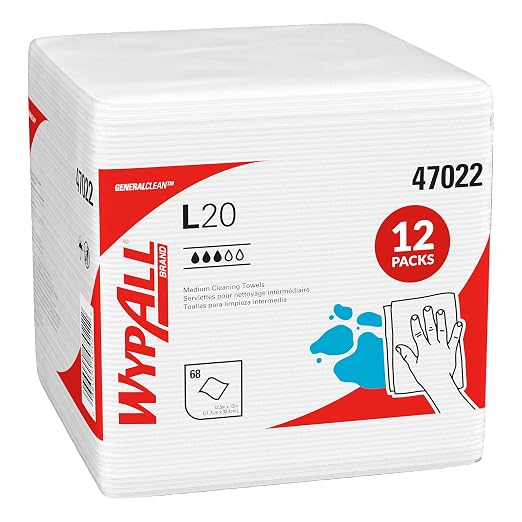 WypAll GeneralClean L20 Cloths Medium Cleaning Wipes (47022), Quarterfold Towels, Bulk Paper Wipers, White (12 Boxes of 68 Sheets, 816 Sheet Total)