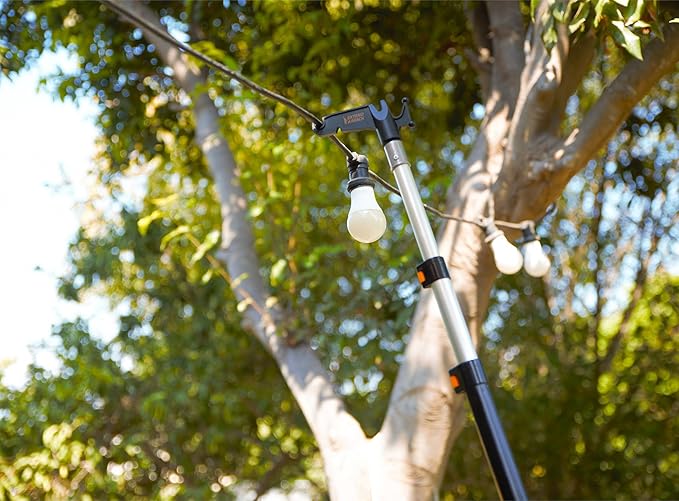 5-24 ft Long Telescopic Extension Pole with Utility Hook // Telescoping Pole for Christmas Lights Installation, String Lights, Birdfeeders // Lightweight and Sturdy // Christmas Light Pole with Hook