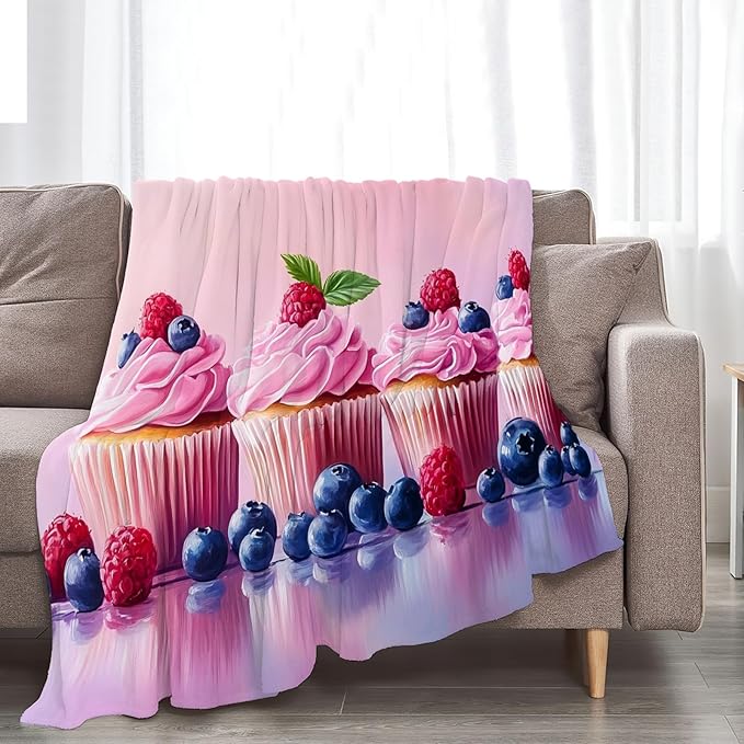 Tijuboni Pink Cupcakes Throw Blanket Dessert Gifts for Girls Women Boys Men Kids Adults Soft Flannel Fleece Blanket for Couch Sofa Bed Home Decor 60"x80"