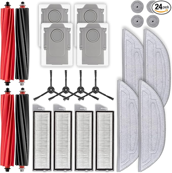 (24 Pack) Replacement Parts Compatible with Roborock S8 MaxV Ultra/ S8 Max Ultra Robot Vacuum, Accessories Kit, 4 Roller Brushes, 4 Big + 4 Small Mop Pads, 4 Dust Bags, 4 HEPA Filters, 4 Side Brushes