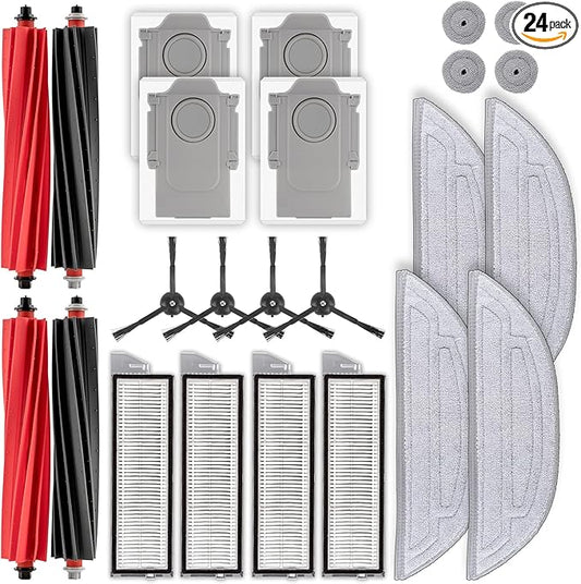 (24 Pack) Replacement Parts Compatible with Roborock S8 MaxV Ultra/ S8 Max Ultra Robot Vacuum, Accessories Kit, 4 Roller Brushes, 4 Big + 4 Small Mop Pads, 4 Dust Bags, 4 HEPA Filters, 4 Side Brushes