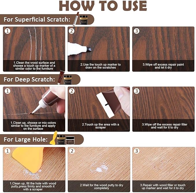 SEISSO Wood Furniture Repair Kit, 12 Colors Wood Fillers, Wood Putty with Beeswax, Furniture Touch Up Markers with Wood Crayons, Hardwood Floor Repair Kit for Stains, Scratch, Cracks, Hole