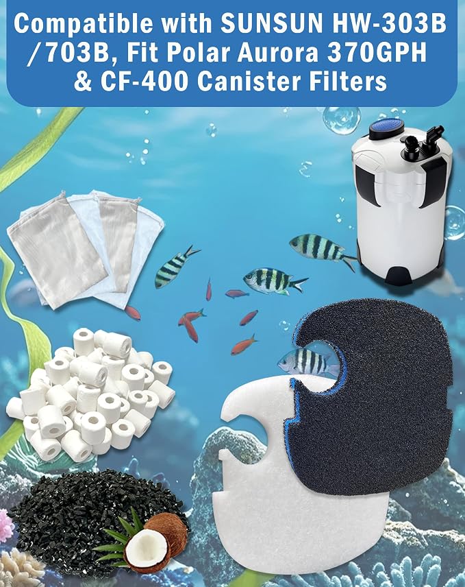 16-Piece Filter Media Replacement for SUNSUN HW-303B/703B,Fit Polar Aurora 370GPH & CF-400 Canister Filters(370 GPH), Includes 6 Filter Pads, 2 Activated Carbons,2 Ceramic Rings & 4 Mesh Bags