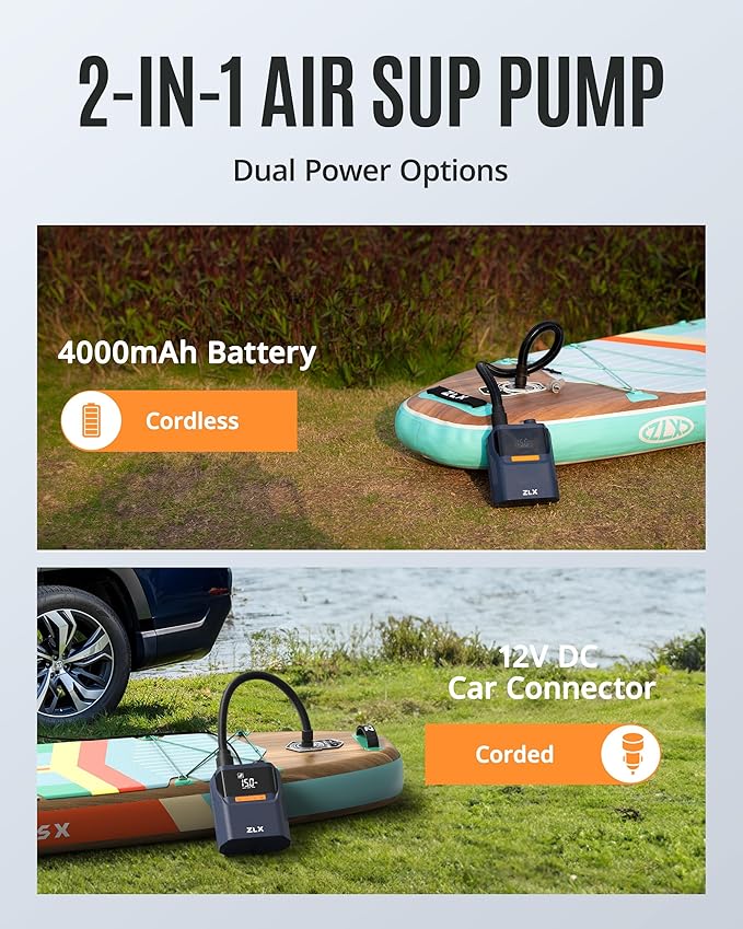 ZLX Electric Paddle Board Pump, 50PSI Air SUP Pump with High Pressure Dual Stage, Auto-Off Inflation/Deflation & Rechargeable Paddle Board Accessories for Inflatables, Kayaks, Boats, Air Mattresses