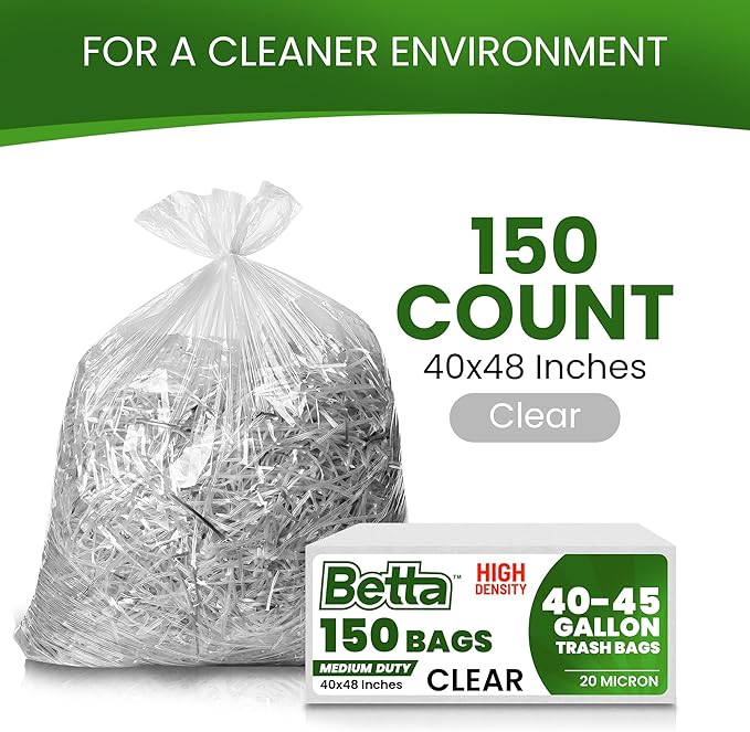 Betta 40-45 Gallon Clear High-Density Trash Bags, 150 Count Box, (40x48-inch) Commercial Medium-Duty Garbage Can Liners