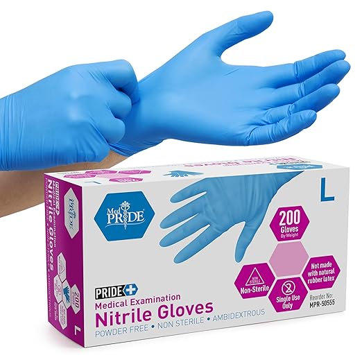 Medpride Medical Examination Nitrile Gloves, Large, Blue, Latex/Powder-Free, Non-Sterile, 200 Count