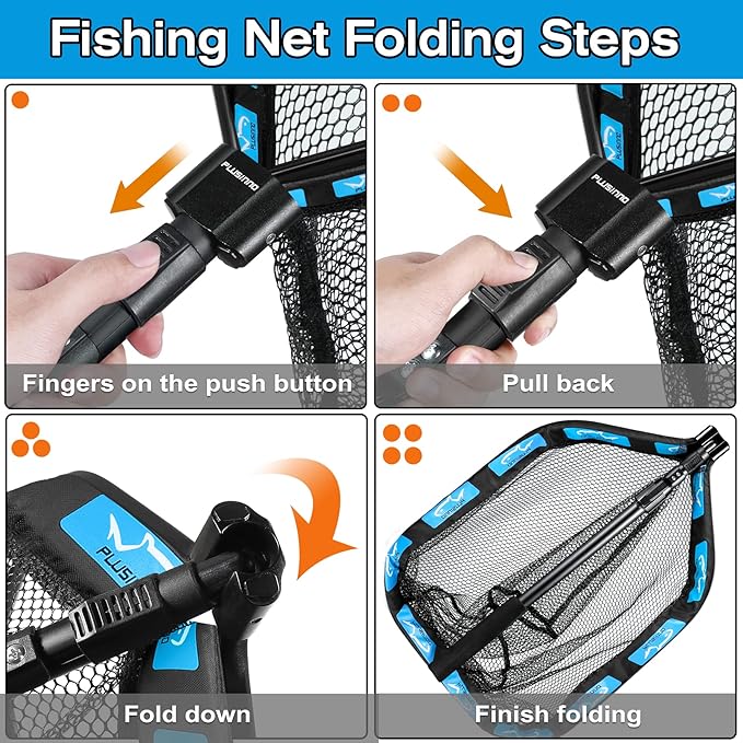 PLUSINNO Floating Fishing Net for Steelhead, Salmon, Fly, Kayak, Catfish, Bass, Trout Fishing, Rubber Coated Foldable Landing Net with Fixed or Telescoping Pole Handle, Fishing Gear and Gifts for Men