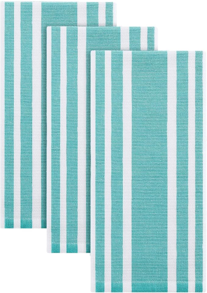 Homaxy Premium Kitchen Towels 18”x 28”, Large Cotton 380 GSM Kitchen Hand Towels, Stripe and Terry Dish Towel, Highly Absorbent Tea Towel Set with Hanging Loop, 3 Pack, Teal