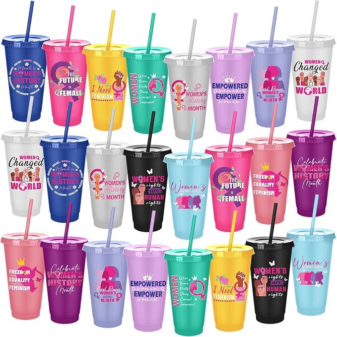 Meanplan 24 Pcs Women's History Month Gifts Bulk 24 oz Plastic Tumbler with Lids and Straws Inspirational Reusable Cups WHM Feminism Gift for March International Women's Day Party Favors