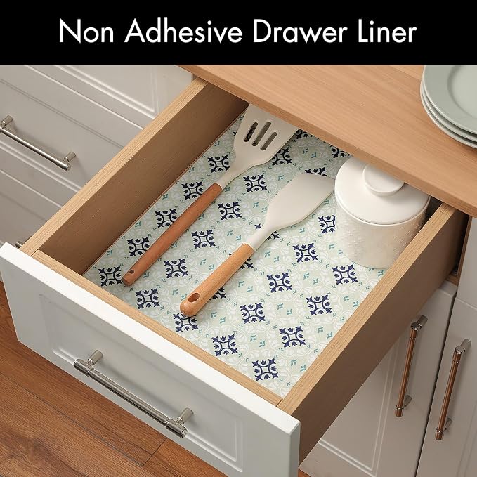 Cooyes Shelf and Drawer Liners for Kitchen Cabinets, Non-Adhesive Cabinet Liners, EVA Waterproof Durable Shelf Paper for Refrigerator, Shelves, Cupboard with European Pattern, Easy to Cut