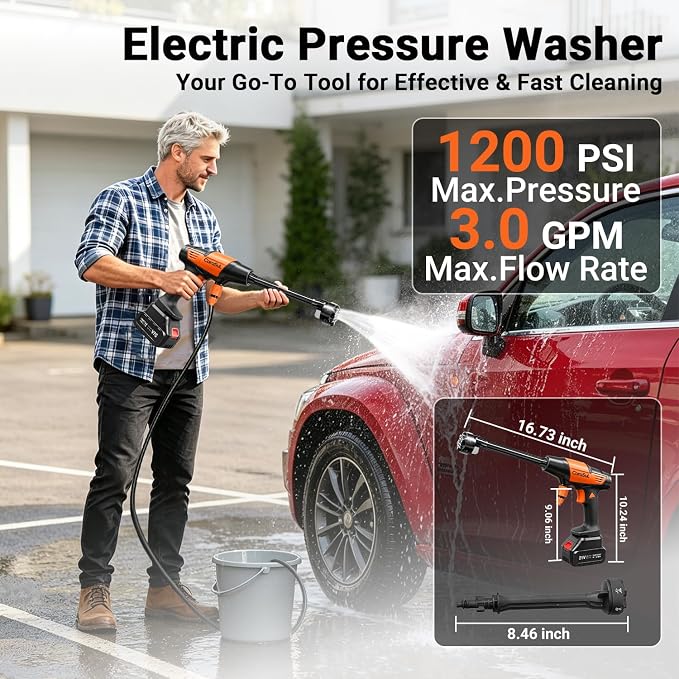Cordless Portable Car Washer, 1200 PSI Max Power Washer with 21V 4.0Ah Large Capacity Battery, Lightweight Car Pressure Washer with Safety Lock, Storage Case & 6-in-1 Nozzle for Car/Garden/Home/Patio
