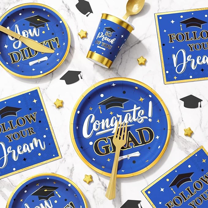 Graduation Decorations Class of 2026, 175PCS Graduation Party Supplies Disposable Dinnerware(Serve 25) with Paper Plates Cup Napkin Fork Knife Spoon College High School Grad Decor(Blue & Gold)