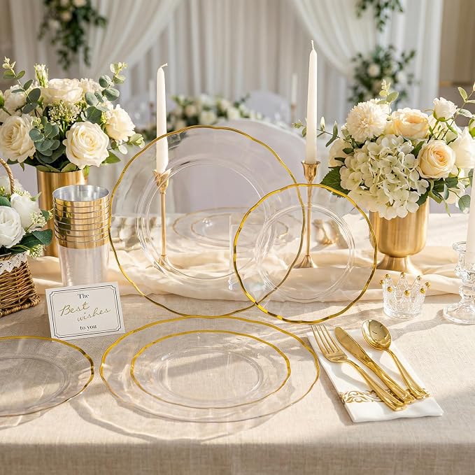 LIYH 350 Pcs Clear Plastic Plates for Wedding Reception Plastic Plates for Party 100 Disposable Plate 150 Gold Plastic Silverware 50 Gold Cups 50 Napkins Perfect for Wedding Birthday (50 Guest)