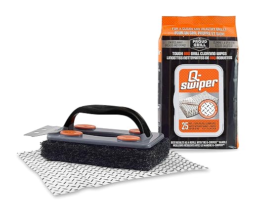 Proud Grill Q-Swiper BBQ Grill Cleaning Bundle – Grill Brush with Scraper + Heavy-Duty Grill Cleaning Wipes, Bristle-Free & Wire-Free Grease Removal Kit