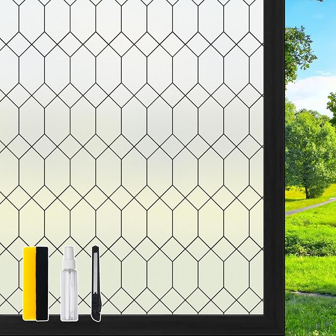DKTIE Window Privacy Film Stained Glass Frosted Glass Window Clings Moroccan Lattice Decorative Bathroom Door Coverings UV Sun Blocking Heat Control (S593, 29.5in X 78.7in)
