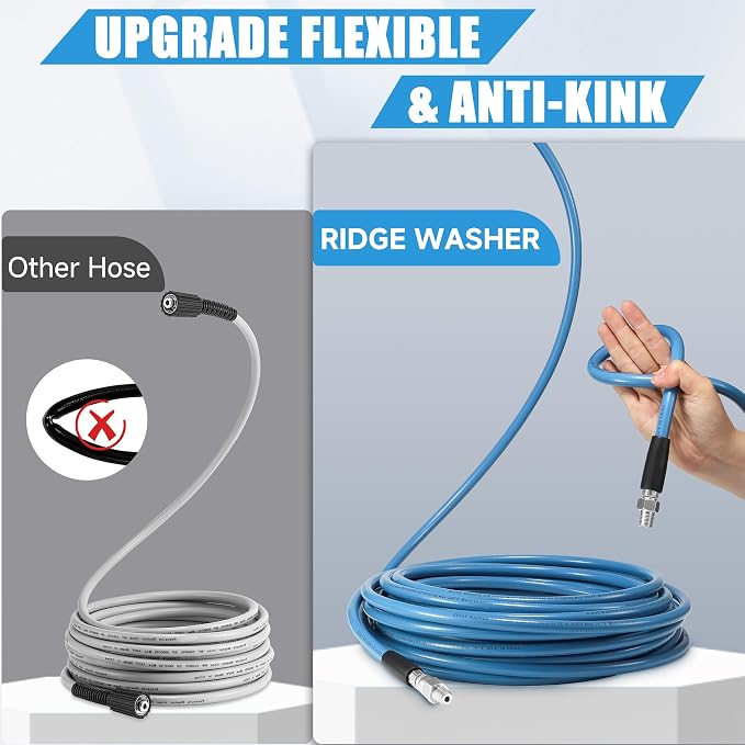 RIDGE WASHER Sewer Jetter Kit for Pressure Washer 200FT, 3600 PSI Drain Cleaning Hose with Short Pressure Washer Gun, 1/4 Inch NPT Corner, Rotating and Button Nose Sewer Jetting Nozzle