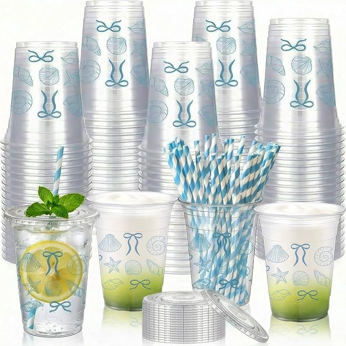 Sliner 50 Pcs 16 oz Coquette Disposable Plastic Cups with Straw for Party Supplies Bow Cups Birthday Wedding Bridal Engagement Party Drinkware Baby Shower Decoration (Blue Bow Starfish and Seashell)