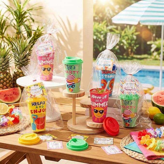 LemonRoad 24 Set End of the Year Gifts 16 oz Plastic Tumbler with Lid and Straw Bulk Summer Graduation Blessings Cards and Clear Cellophane Bags for Beach Pool Birthday Vacation Party Supplies
