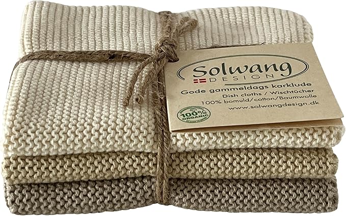 Solwang 3-Piece Danish Cotton Dishcloths in 100% Certified Organic Cotton Made in India (Khaki Organic Combi), 619317045637