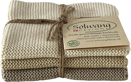 Solwang 3-Piece Danish Cotton Dishcloths in 100% Certified Organic Cotton Made in India (Khaki Organic Combi), 619317045637