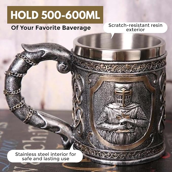 Rite Edge Knights Templar Mug 500-600ml - Resin & Stainless Steel - Unique Medieval Templar Design - Handcrafted Collector’s Mug - Ideal for History Buffs & Fantasy Fans