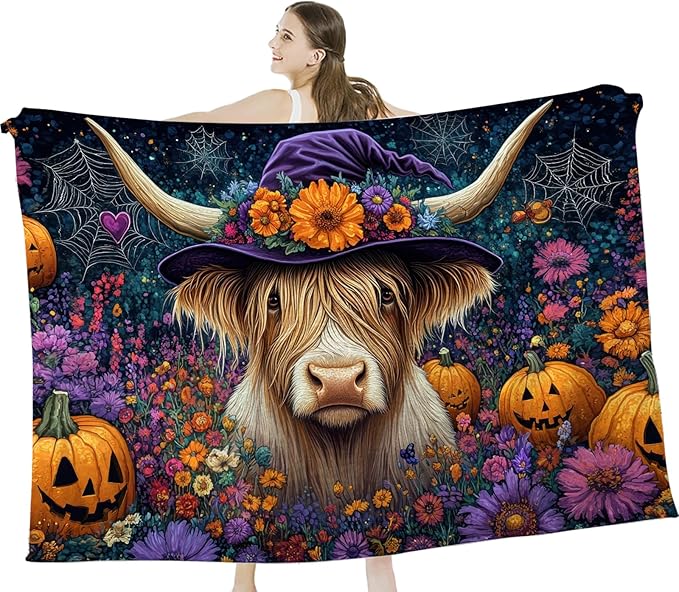 Tijuboni Highland Cow Pumpkin Throw Blanket for Girls Boys Women Men Kids Adults Soft Flannel Fleece Blanket for Couch Sofa Bed Home Decor 50"x60"