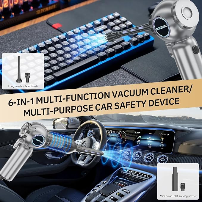 Handheld Car Vacuum Portable Cordless（Equipped with a one-Touch Window Breaker and Seatbelt Cutter ） Handheld Cordless Vacuum with 25000Pa Ultra-Strong Suction,for Car, Office Desk,Keyboards，Pet Hair