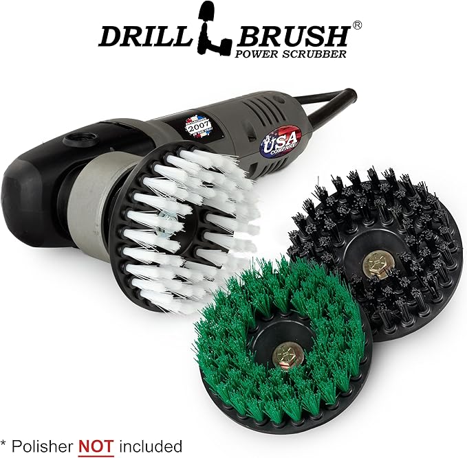 Drillbrush Construction Tools - Soft, Medium, Ultra Stiff - 3 Scrub Brush Kit - Threaded 5/16 x 24 - Fits Electric - Cordless - Air Pneumatic - Dual Action Orbital Polisher Machine - Rotary - Buffer