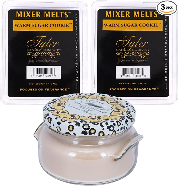 Elanze Designs Tyler Candle Warm Sugar Cookie 22 Ounce Glass Jar Candle and Mixer Melts; Set of 3