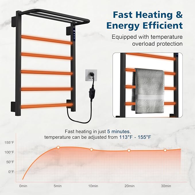 Heated Towel Racks for Bathroom, Hot Towel Warmer with 24hr Timer Stainless Steel Wall Mounted Electric Towel Warmers for Bathroom (Gold, 6-Bar)