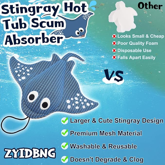 Stingray Hot Tub Scum Absorber Reusable Washable for Spa Scum Ray Floating Hot Tub Oil Absorber Cleaner Accessories for Adults (1 Pack, Ray)