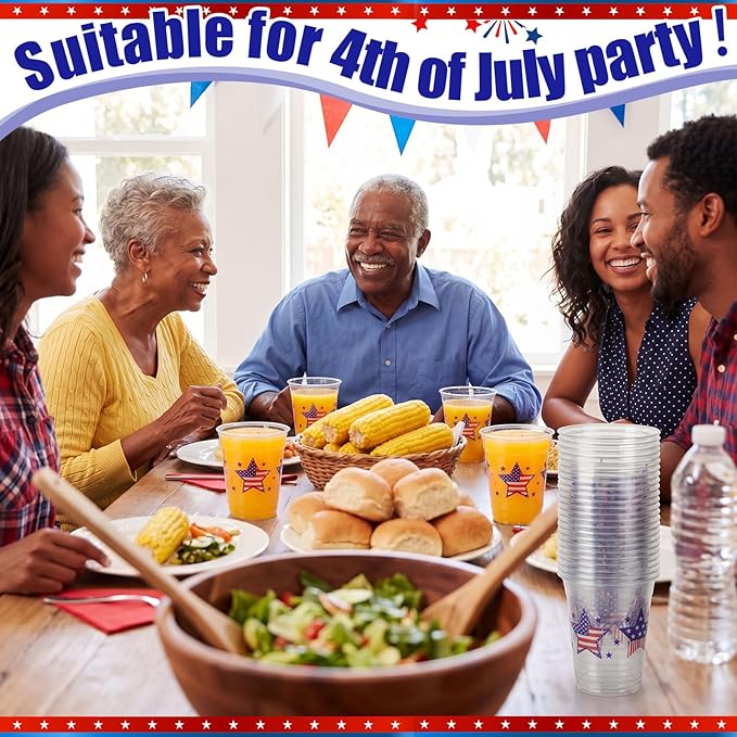 100 Pcs 4th of July Patriotic Plastic Cups 12 oz American Flag Disposable Plastic Red Blue and White Drinking Cups Bulk for Independence 250th Anniversary USA Party Decoration Supplies