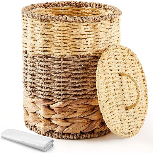 Ctosree 1.3 Gallons Small Trash Can with Lid Handle Boho Woven Braided Bathroom Waste Basket Trash Can with 100 Garbage Bags for Bedroom Office Laundry(Braided Wicker, Primary Color)